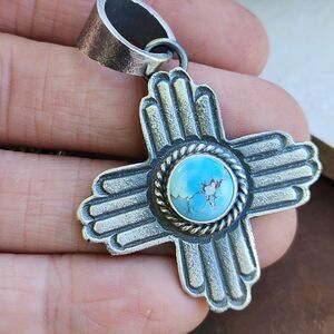 Golden Hills Turquoise Navajo made Zia pendant by Kevin Billah sterling signed